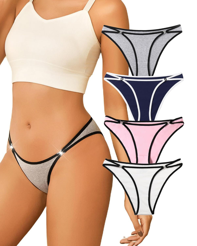 Low-rise hipster cotton panties, gray with black trim; four assorted colors shown (navy, pink, white)