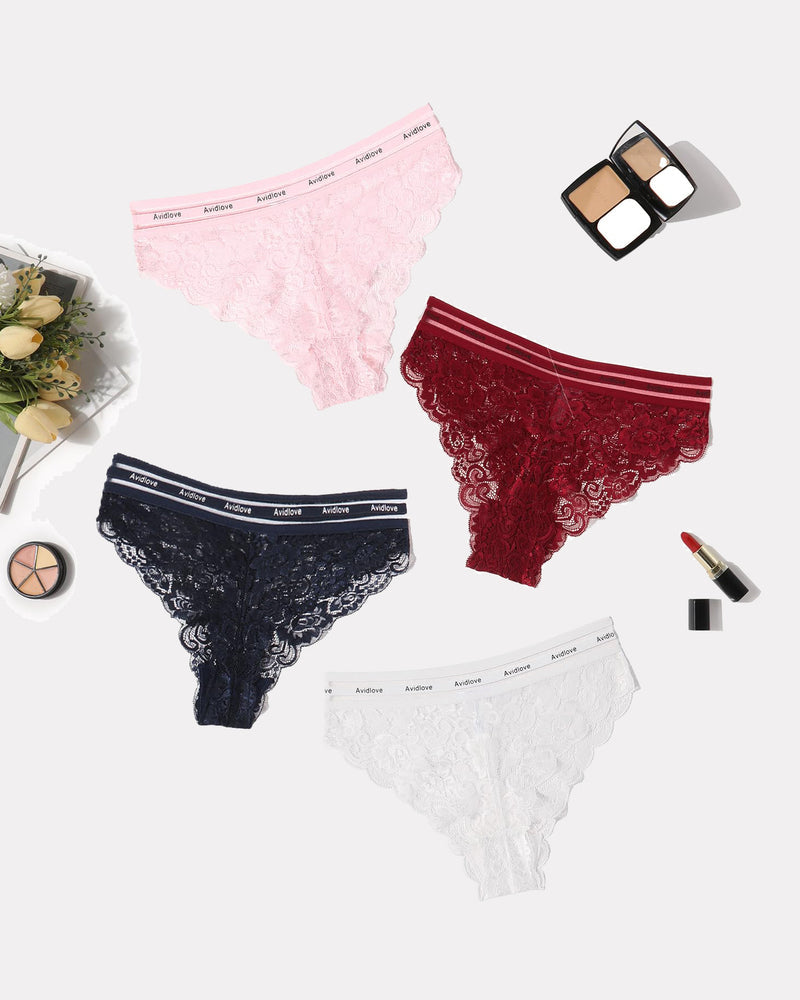 Lace hipster panties set with striped waistband in black, red, pink, and white
