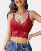 Wine red crochet V-neck racerback crop top with supportive bust cups