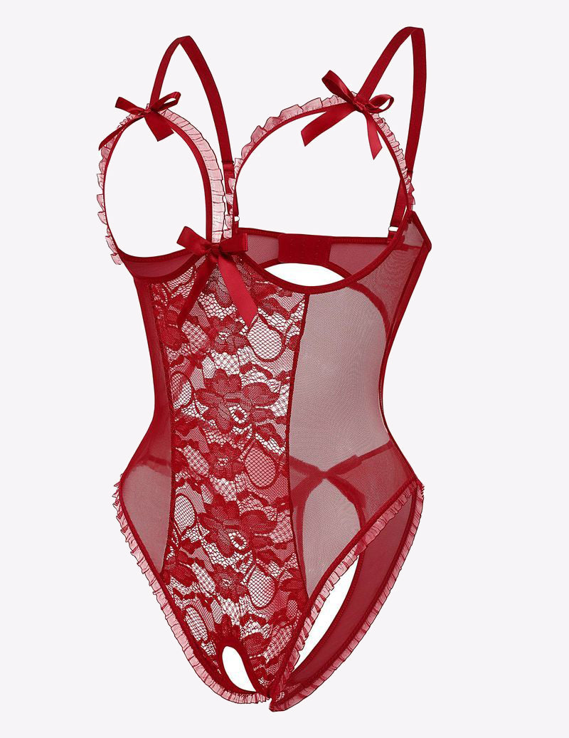 Red lace cut-out cup bodysuit with sheer mesh panels and bow shoulder straps