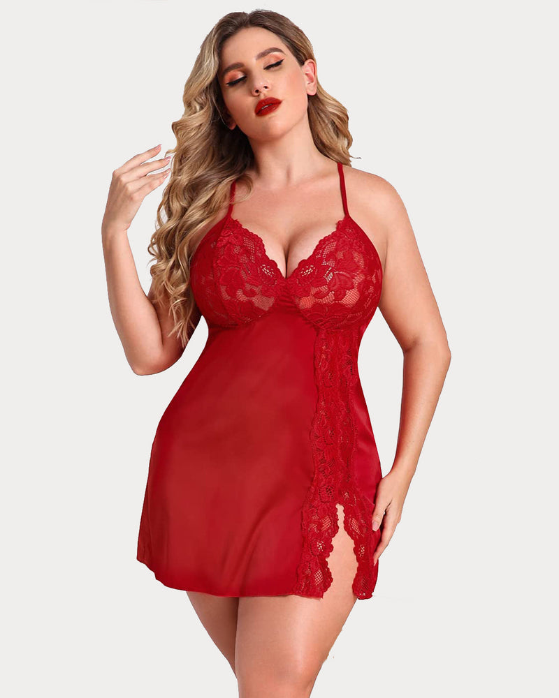 Plus-size red satin nightgown with lace overlay and scalloped lace trim