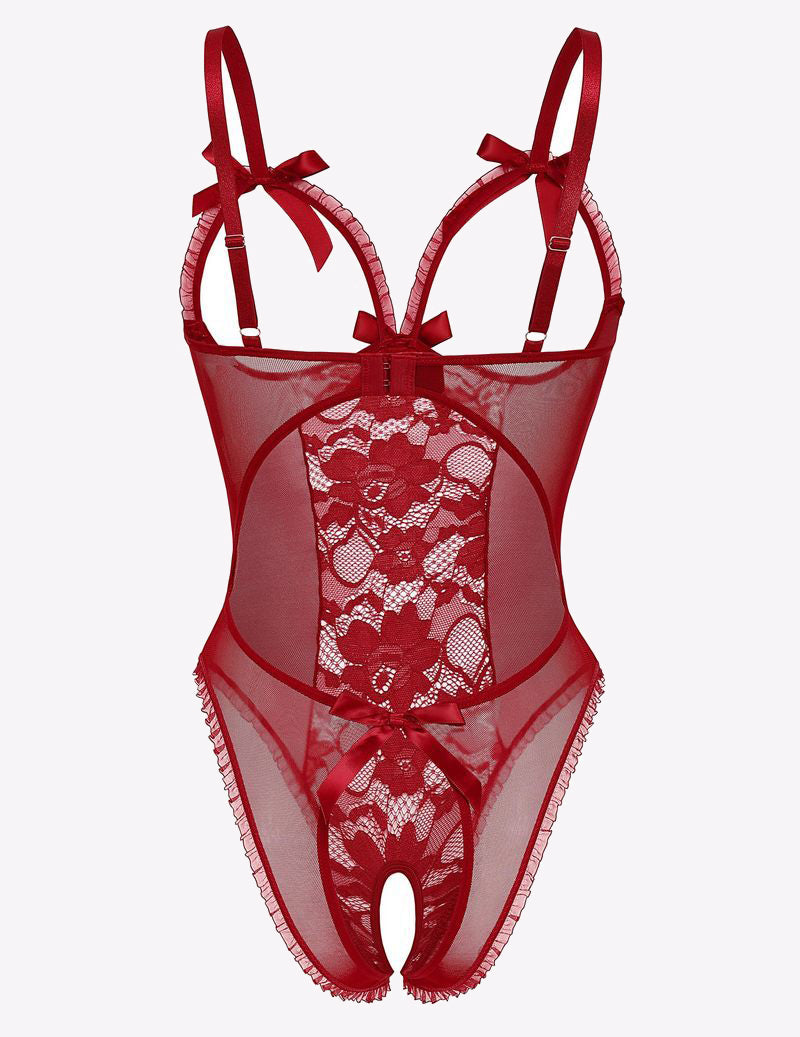 Deep red lace cut-out cup bodysuit with sheer panels and bow shoulder straps