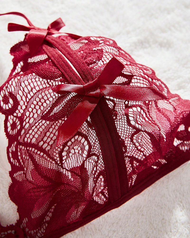 Wine red lace halter bra detail with ribbon bow and floral embroidery