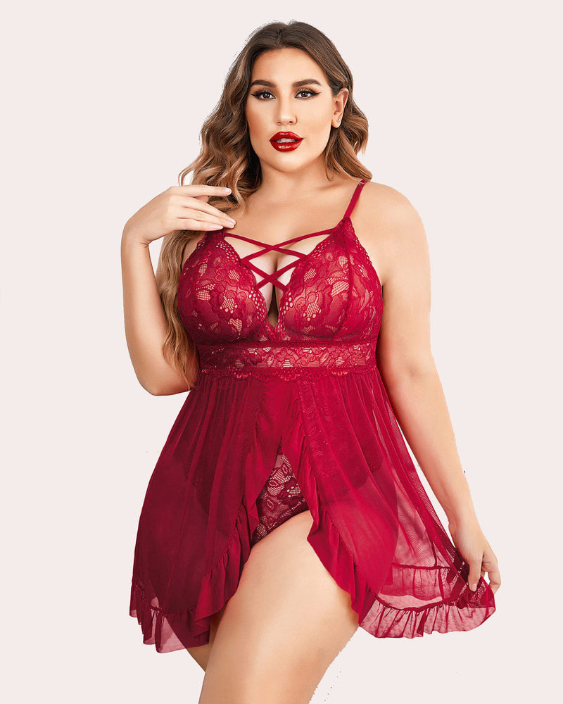 Plus-size snap-crotch babydoll in wine-red lace with sheer mesh skirt and lace cups