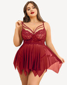 Wine red lace babydoll nightgown with V-neck straps and sheer pleated skirt.