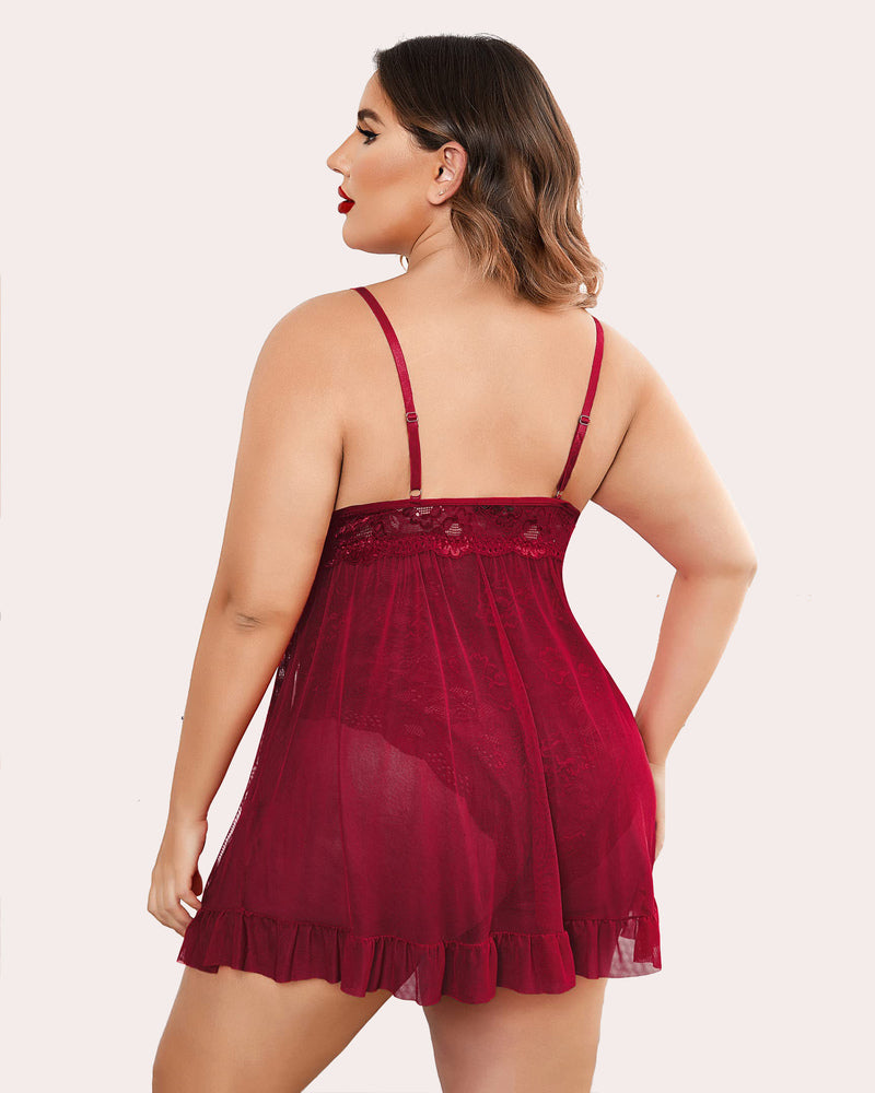 Dark red babydoll lingerie with lace trim, strappy back, and layered ruffle hem