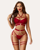 Red push-up bra set with chain, strappy garter belt and matching panties