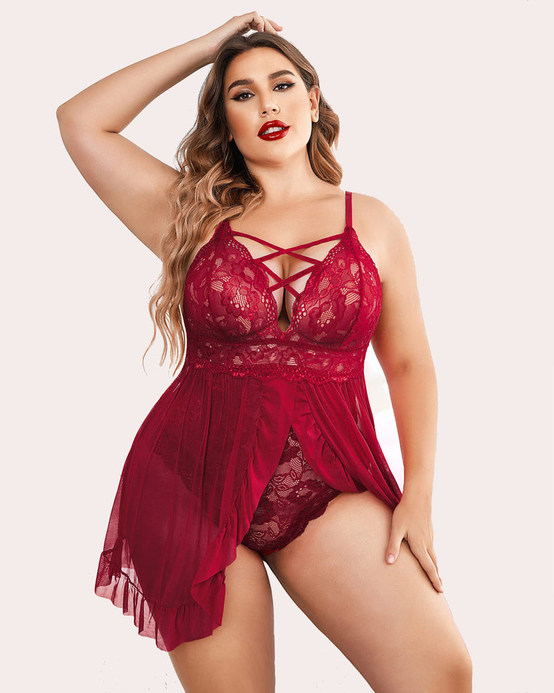 Red lace babydoll with crisscross neckline straps and ruffled sheer skirt, plus size