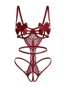 Wine red floral lace teddy with satin bow underwire cups and strappy cutouts