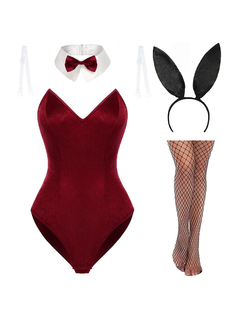 Wine red velvet bunny bodysuit with bow collar, ear headband, and fishnet stockings