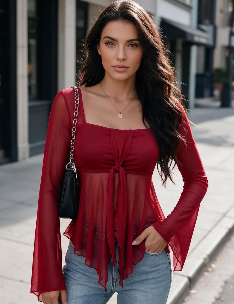 Wine red sheer chiffon top with a square neckline, long sleeves, and a tie front