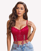 Wine red lace underwire corset bralette with bow center and lace-up corset sides