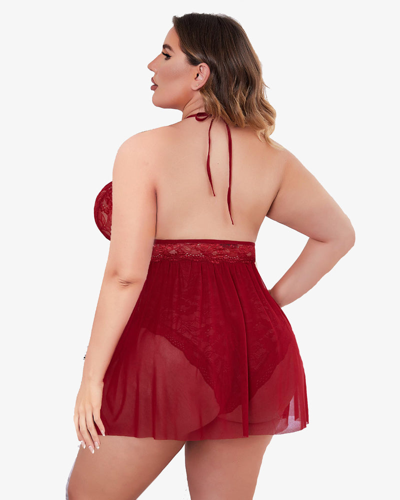 Wine red lace back babydoll with sheer skirt and adjustable halter strap