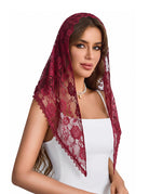 Wine red lace mantilla chapel veil with floral embroidery and scalloped trim drape.