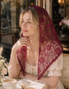 Wine red lace chapel veil with floral embroidery, scalloped trim, and head-and-shoulder drape.