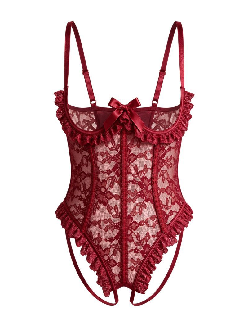 Wine red floral lace teddy bodysuit with sheer panels, ruffle trim, adjustable straps, and a bow