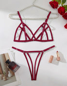Wine red satin bra and thong set with criss-cross straps and hook closure