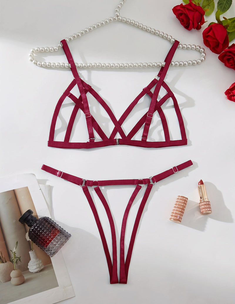 Wine red satin bra and thong set with criss-cross straps and hook closure