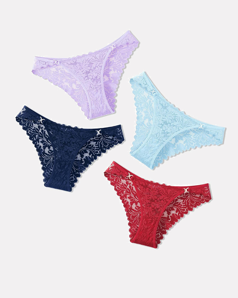 Low-rise cheeky lace tangas set in lavender, navy, light blue, and red