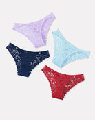 Low-rise cheeky lace tangas set in lavender, navy, light blue, and red