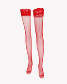 Red fishnet high stockings with lace ruffle tops
