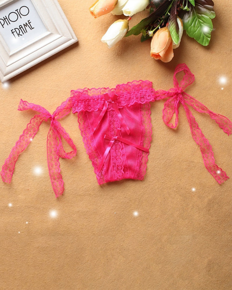 Pink lace-up crotchless thong panty with bow ties