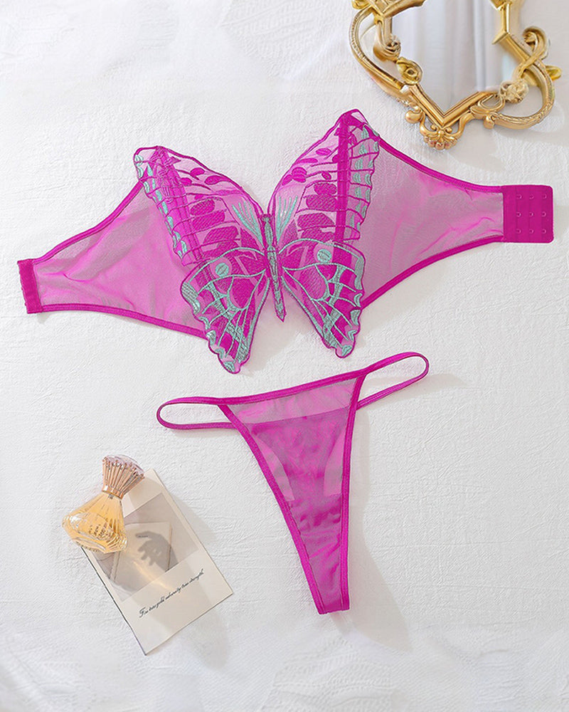 Butterfly applique bra and high-cut thong lingerie set, rose red on flat lay