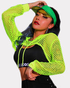 Neon green mesh fishnet crop hoodie with hood, drawstring, long sleeves