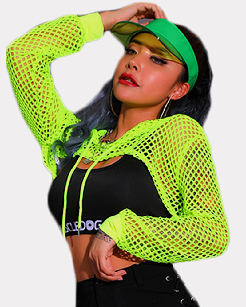 Neon green mesh fishnet crop hoodie with hood, drawstring, long sleeves