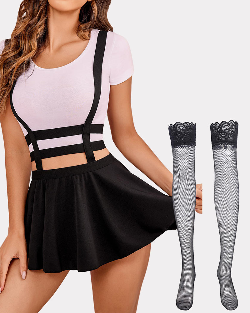 Black pleated short skirt with black brace straps and elastic waistband