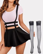 Black pleated short skirt with black brace straps and elastic waistband