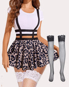 Leopard print A-line pleated short skirt with black suspender-style straps