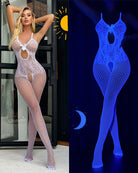 White floral lace fishnet crotchless bodystocking with bow at chest cutout