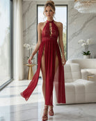 Wine red halter lace lingerie dress with keyhole cutout and flowing maxi skirt