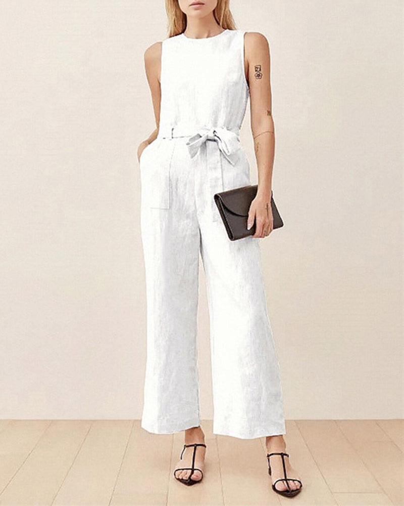 Sleeveless tie-waist pocket jumpsuit in white, wide-leg wide shoulder fit
