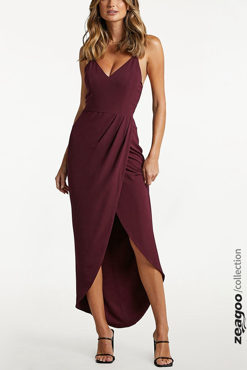Wine red drape maxi dress, sleeveless V-neck with draped waist and high front slit