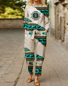 Light print tracksuit set with sun medallion, animals and geometric border, jogger pants