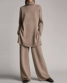 Beige turtleneck sweater top with wide-leg pants set, long sleeves