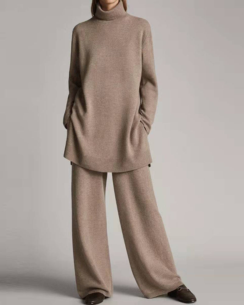 Beige turtleneck sweater top with wide-leg pants set, long sleeves