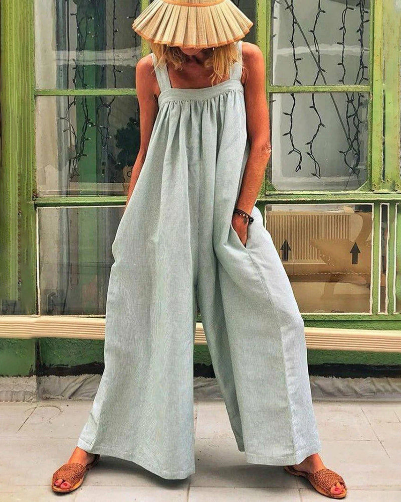 Light gray sleeveless backless bodysuit with wide-leg trousers, gathered neckline