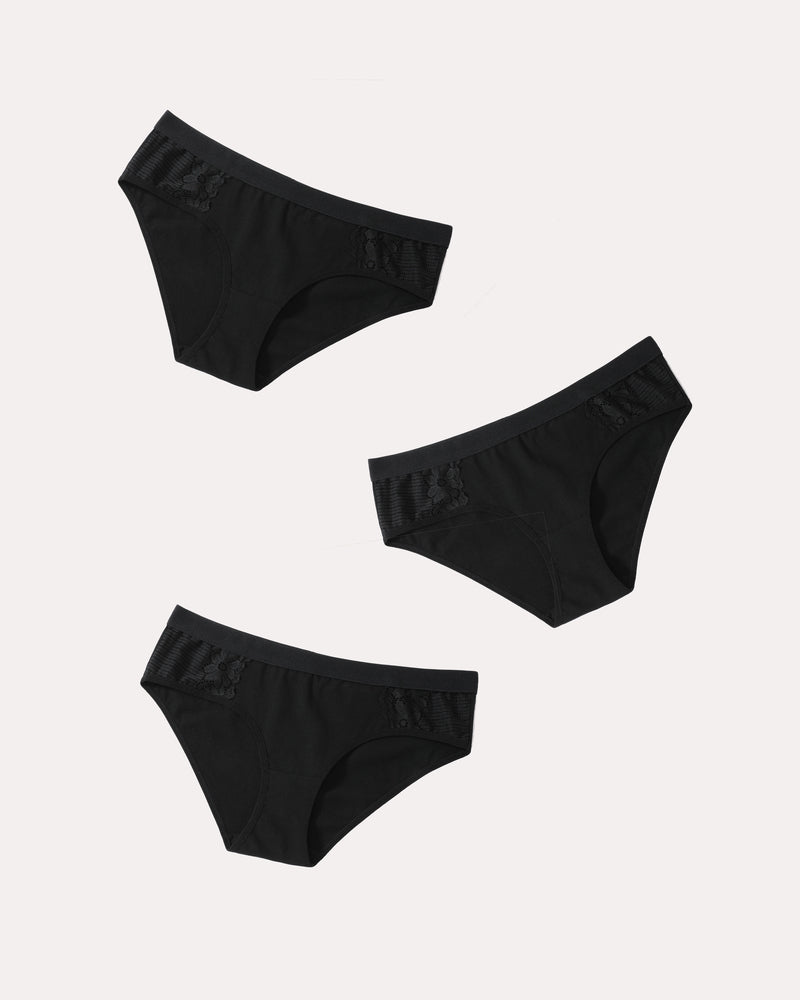 Three black cotton hipster tanga panties with lace trim