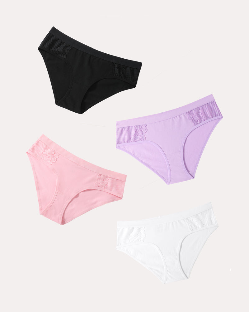 Cotton hipster tanga panties set in black, lavender, pink, and white