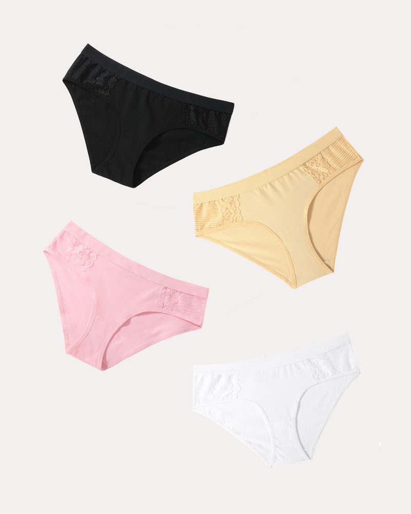 Cotton hipster tanga panties set in black, beige, pink, and white