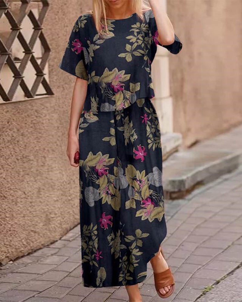 Navy floral two-piece set with short-sleeve top and matching wide-leg pants