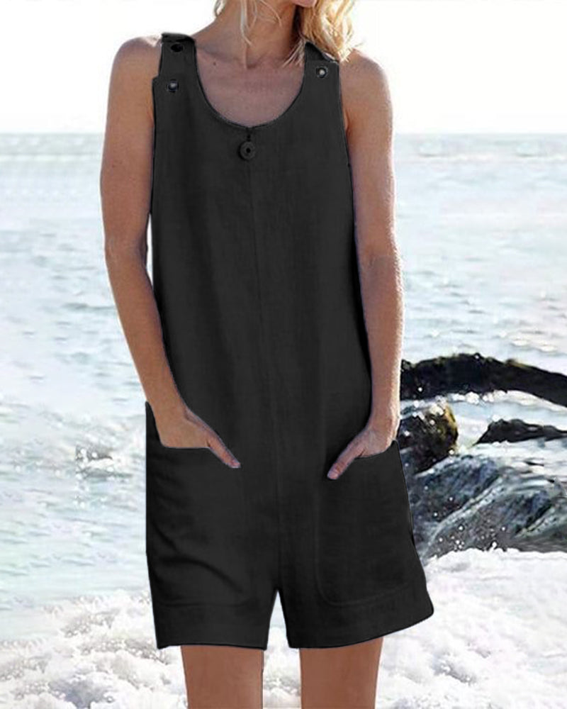 Black sleeveless pocket shorts jumpsuit with button placket and scoop neckline