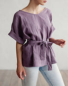 Purple linen kimono top with tie waist, wide neckline, short dolman sleeves