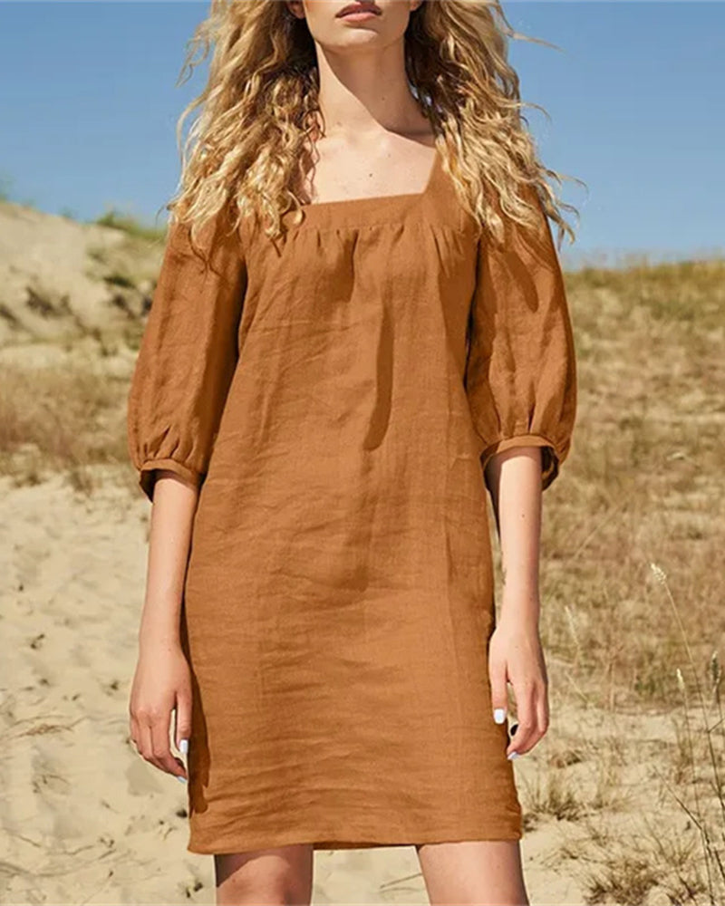 Caramel square-neck casual dress with gathered yoke and three-quarter puff sleeves