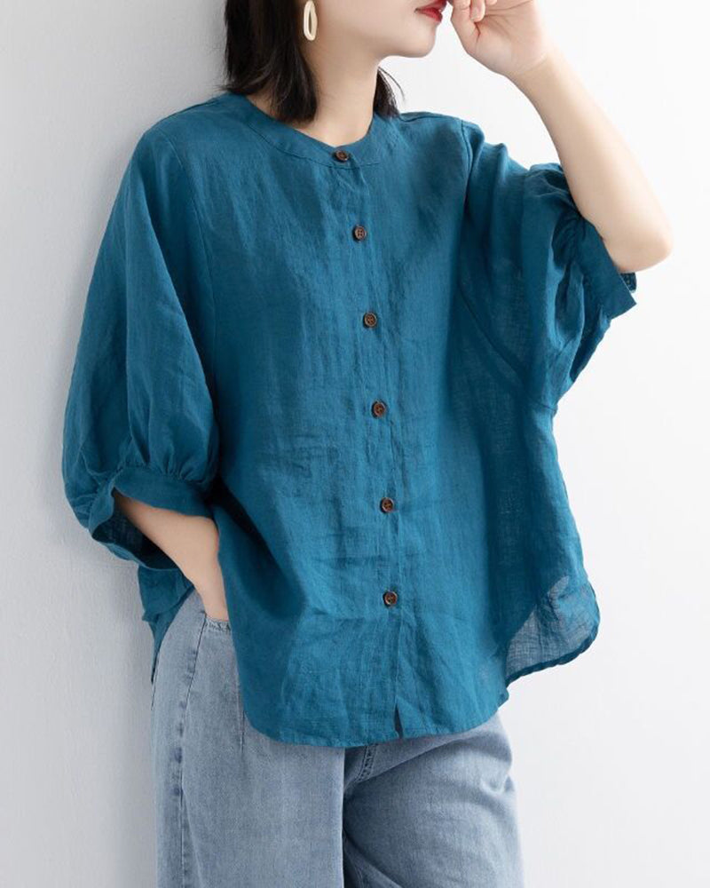 Teal lantern-sleeve loose shirt with button front and round neckline