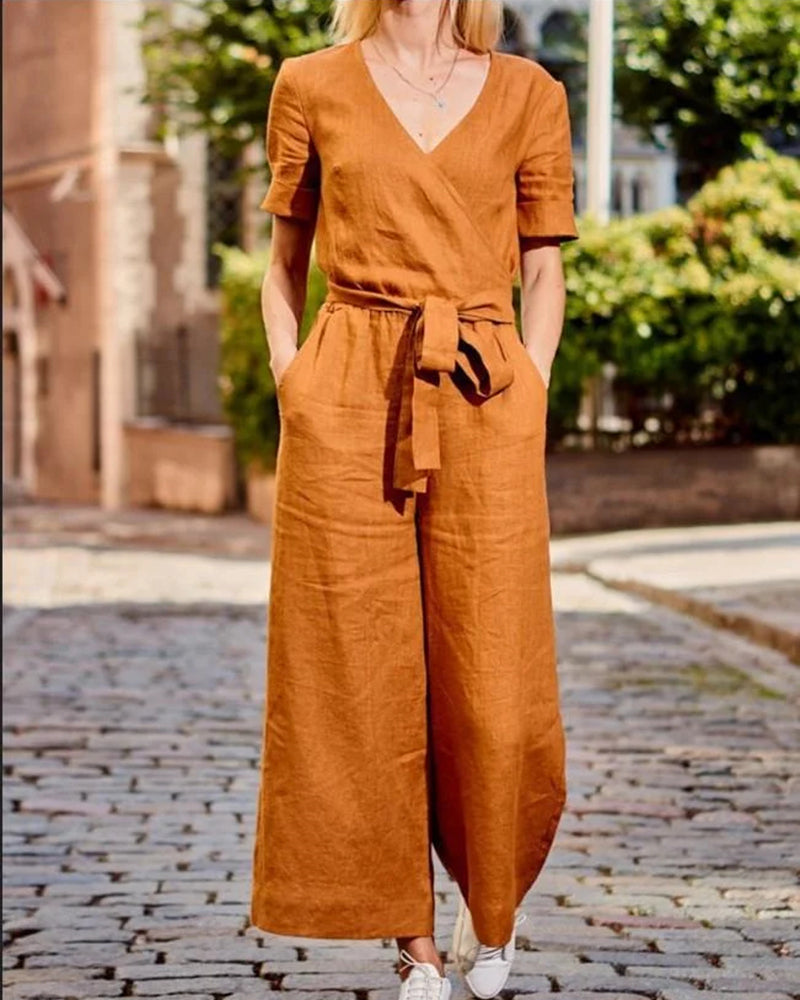 Khaki romper jumpsuit with V-neck, short sleeves, waist tie belt, wide-leg pants
