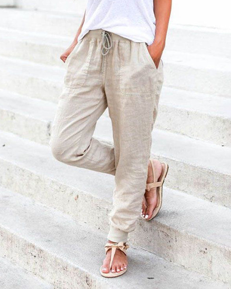 Khaki drawstring jogger pants with front pockets